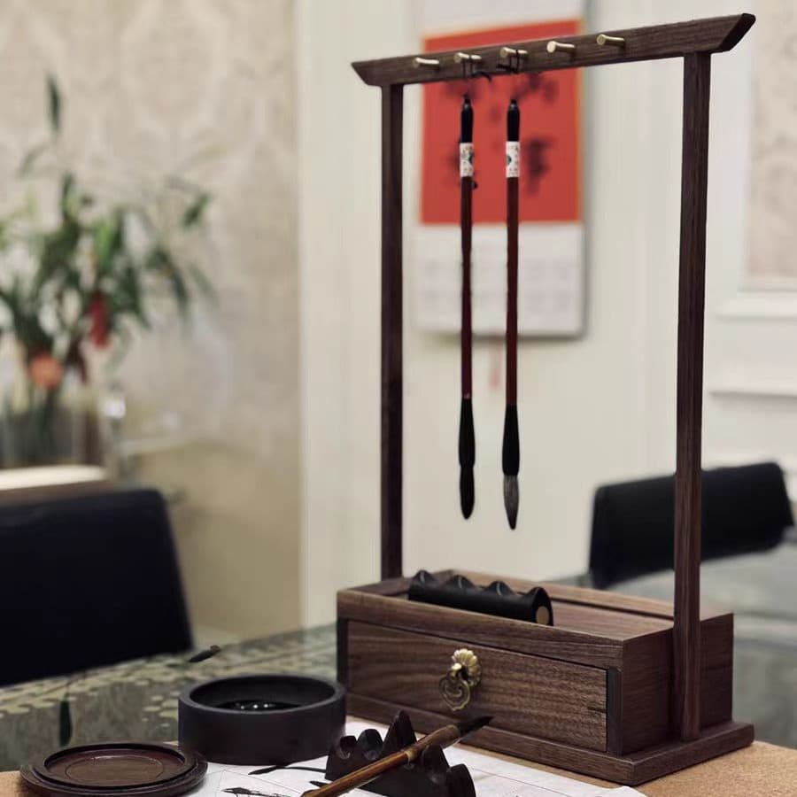 Walnut Wood Hanger Brush Pen Holder Ornament Solid Wood New Chinese Style Study Storage Box Bracelet Hanger Metal Hook