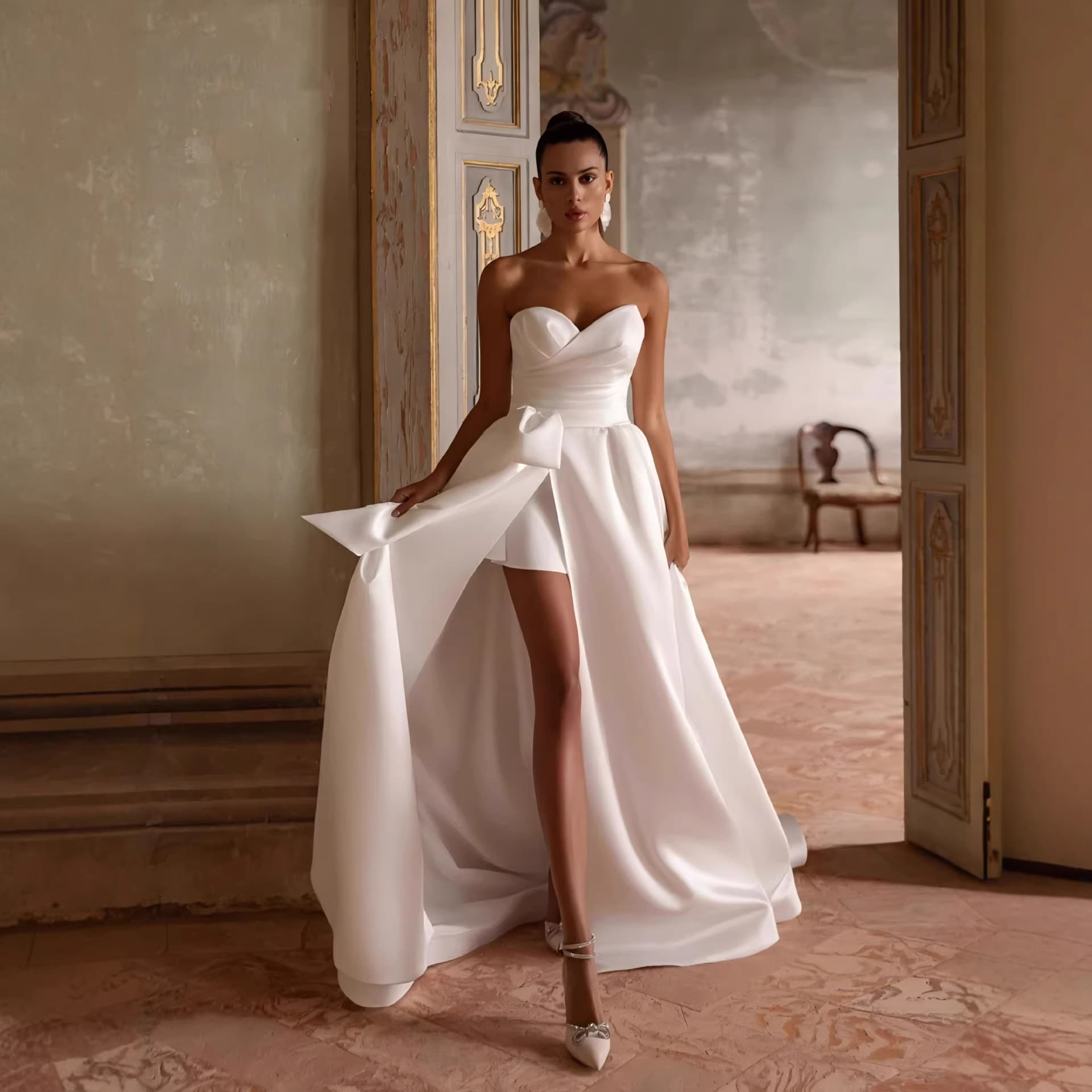 Cross-border wholesale French satin design light wedding dress forest style retro engagement travel photo tube top evening dress outing veil