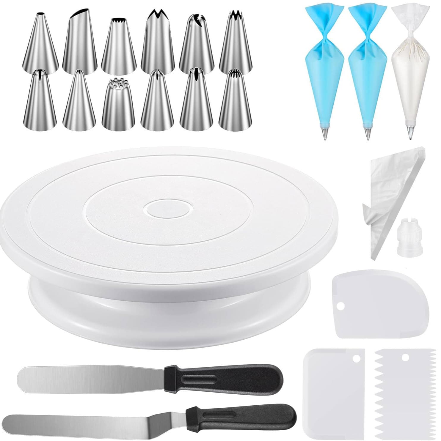 Amazon Hot Selling Baking Set Non-Slip Strip Turntable Piping Bag Converter Straight & Curved Spatula Piping Nozzle Set
