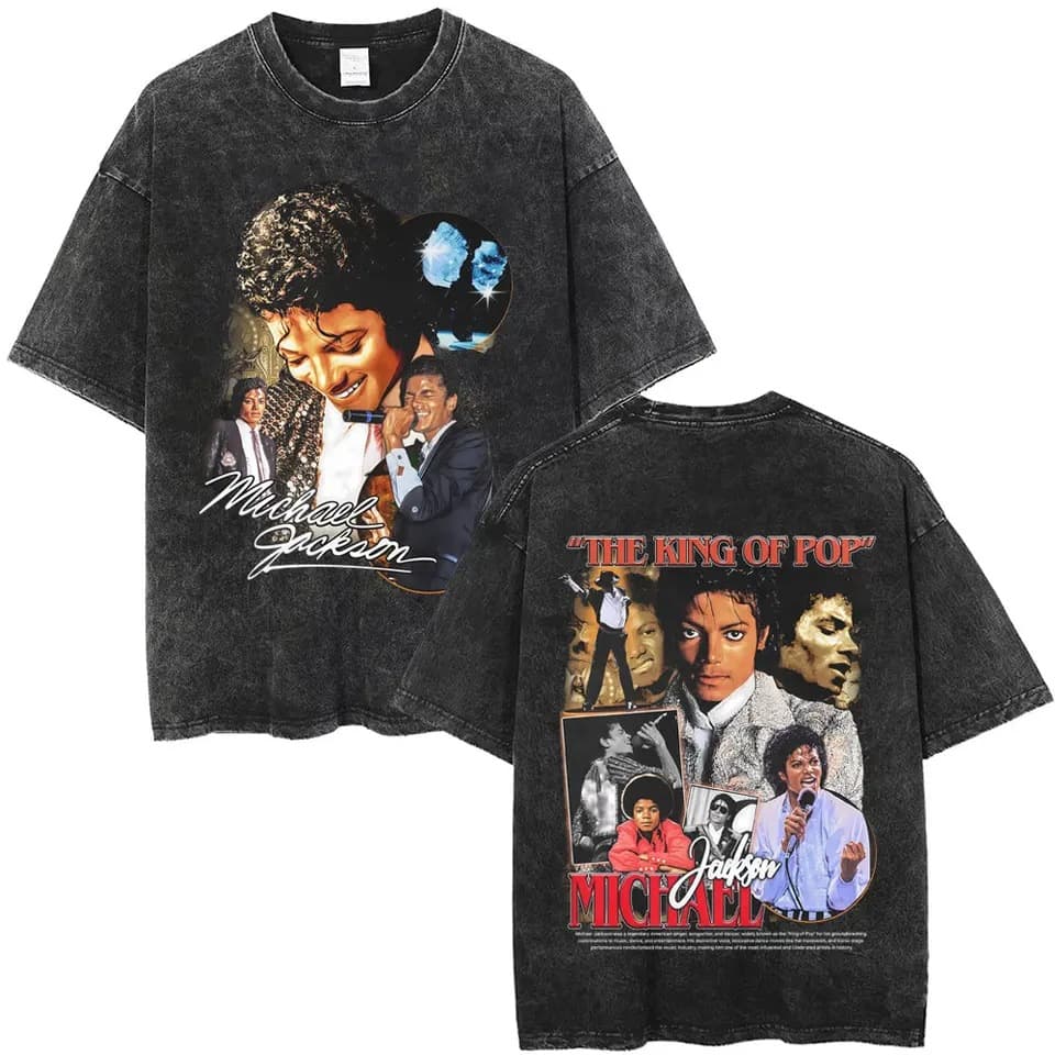 Cross-border European Size Washed Vintage Michael Jackson King of Pop Pattern T-Shirt for Men and Women Retro Gothic