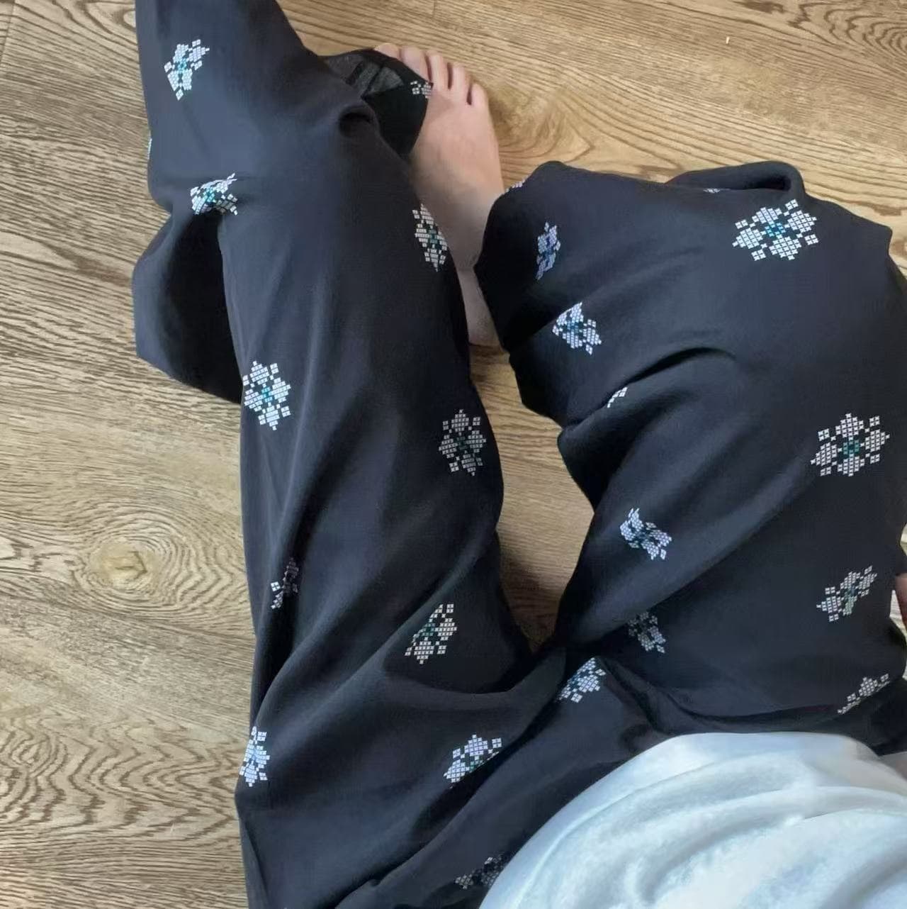 Summer Silk-Cotton Printed Wide-Leg Sleep Pants for Women, Loose High-Waist Drawstring Home Pants, Thin Floral Mosquito-Repellent Air Conditioning Long Pants