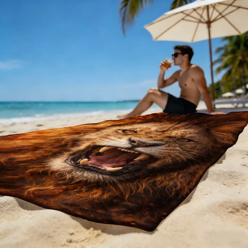 Amazon's Popular Item: A Beach Towel with a Pattern of a Fierce Prairie Lion King Opening a Mouth Full of Fangs, a Must-Have for Outdoor Activities