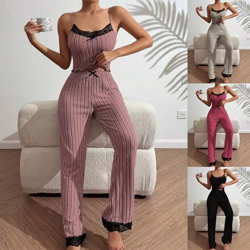 European and American Cross-Border Hot-Selling Loungewear Ribbed Heart-Patterned Camisole Pajamas for Women, Can Be Worn Outside, Two-Piece Set with Long Pants