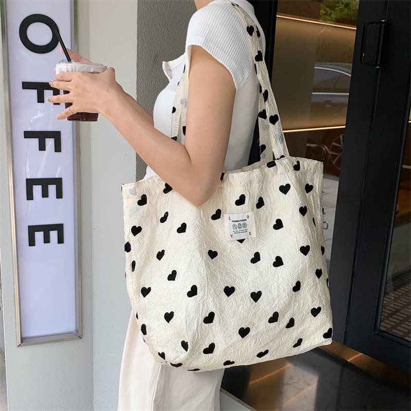 New Large Capacity Canvas Vest Bag Texture Heart Pattern Single Shoulder Bag For Students Underarm Cosmetic Handbag