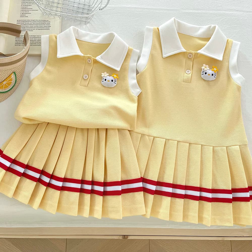 Girls Summer Preppy Outfit Set 2026 New Children Sleeveless Polo Shirt Yellow Pleated Skirt Two-Piece Set Trendy