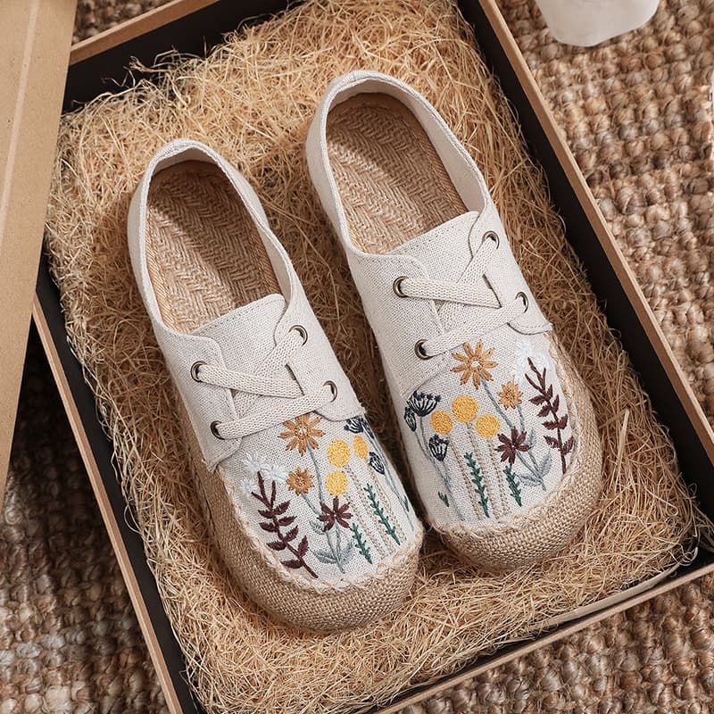 2026 New Ethnic Style Women Shoes Dandelion Embroidered Linen Shoes Cowhide Sole Hand-Stitched Lace-Up Cloth Shoes Women
