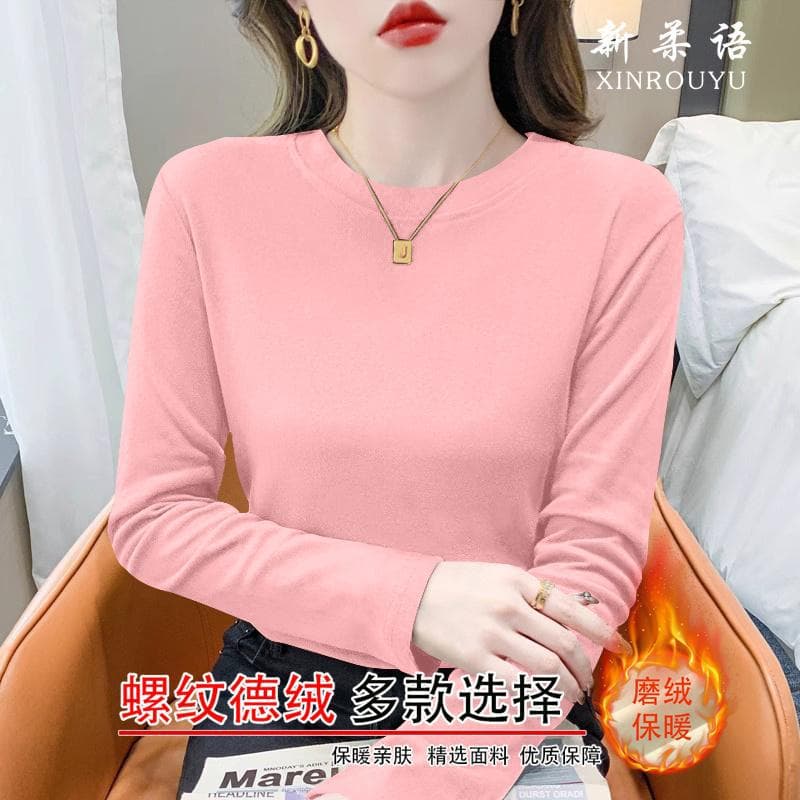 Round Neck Base Layer for Women 2025 New Style Innerwear Spring/Autumn Fleece-Lined Thermal Warm Mid-Neck Long-Sleeve Top Trendy
