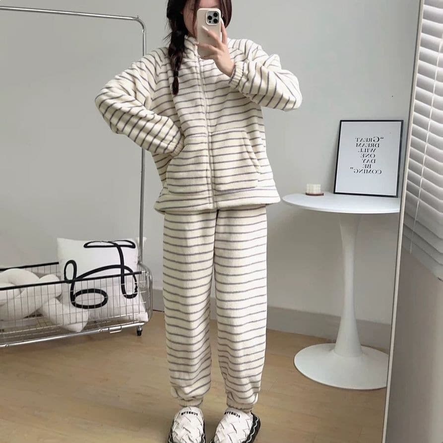Couple Coral Fleece Homewear Set for Women, Fall/Winter Thick Zipper Pajama Two-Piece Set, Lambswool Sweatshirt