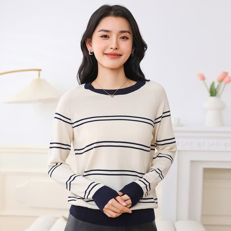 Cotton Striped Knit Long Sleeve Base Layer Sweater Spring Summer New Plus Size Loose Slimming Stylish Top for Women