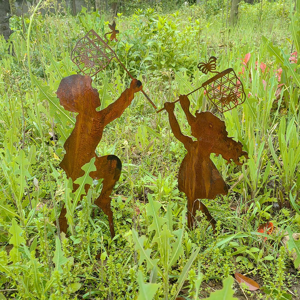 1 Piece Metal Silhouette Art Ornament, Boy and Girl Outdoor Farmhouse Stake Decor, Wholesale