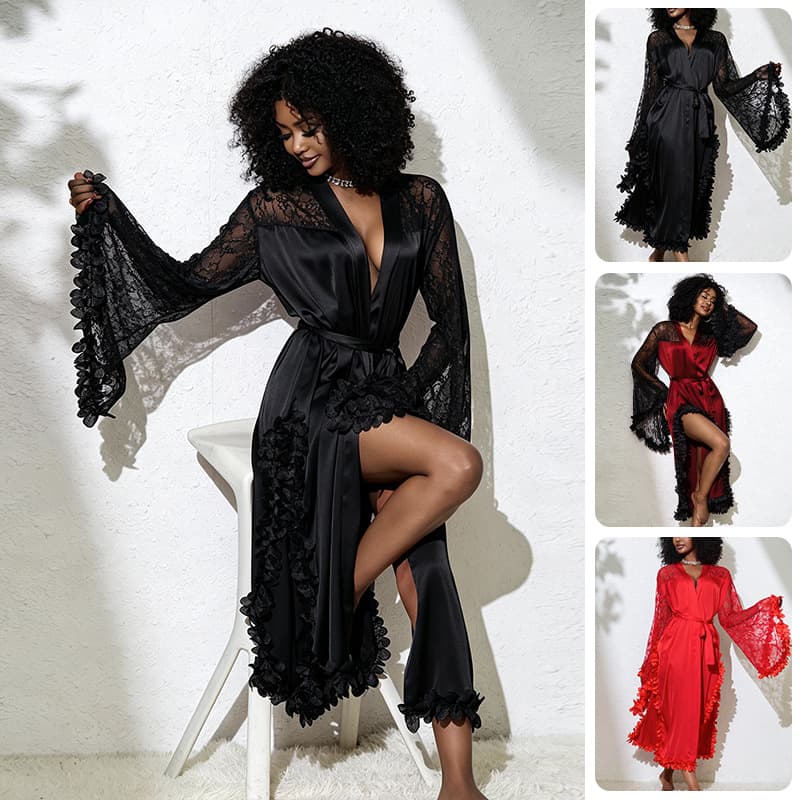 Women's Satin and Lace Trim Robe with 3D Floral Hem, Flared Sleeves, Tie Closure, Long Sexy Bathrobe 1260