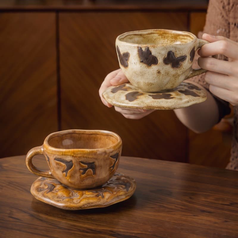 Vintage Hand-Pinched Coffee Cup, Kiln-Changed Stoneware Coffee Cup and Saucer Set, Exquisite Gift Cup, Latte Coffee Cup, Drinking Cup