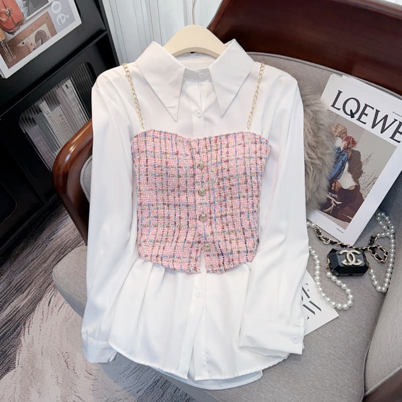 Chanel-style check print cami top for women, spring/summer new arrival, designed for outerwear, niche white shirt two-piece set