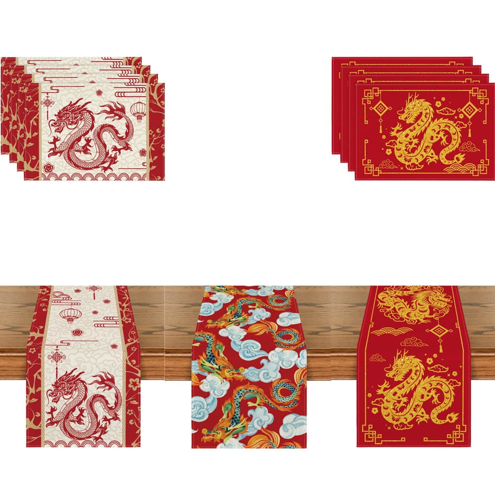Table runner for the Year of the Dragon, Chinese New Year ceremonial table decorations, tablecloths, festive atmosphere setup, entryway tablecloths.