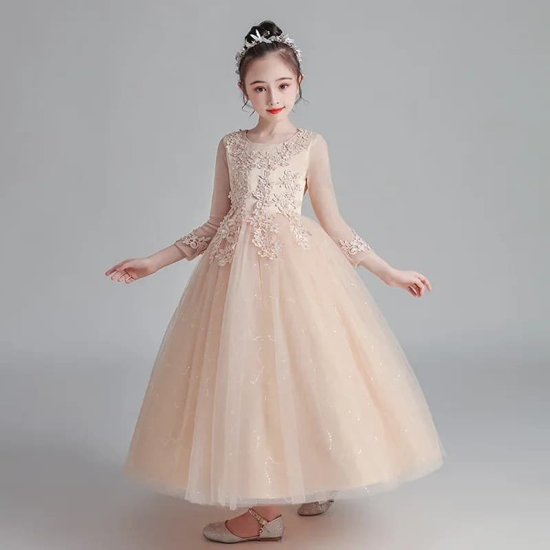 Champagne Girls New Princess Dress Party Gown Cute Formal Dress for Kids Piano Performance Costume