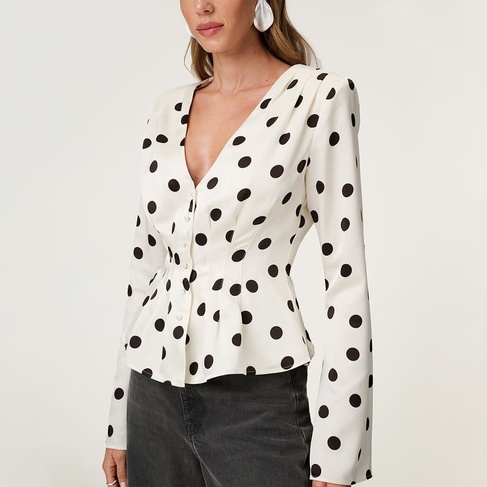 Autumn cross-border autumn ins polka dot style European and American new V-neck slim long-sleeved comfortable casual tops basic women's clothing