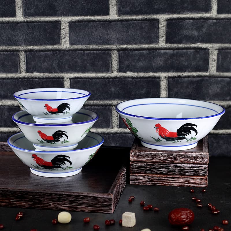 Classic TVB Retro Rooster Bowl Ceramic Traditional Noodle Bowl for Home and Commercial Use