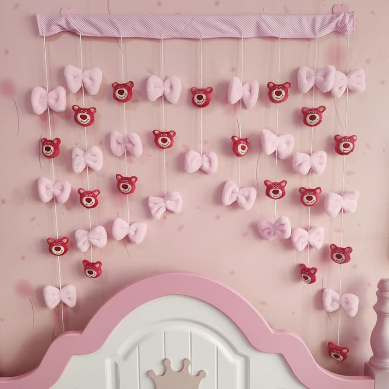 Pink Bow Strawberry Bear Internet-Famous Bedroom Kitchen Bathroom Door Curtain No-Drilling Partition Beaded Curtain
