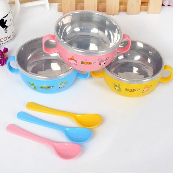 Children's stainless steel bowl with handle and lid, baby eating cartoon bowl, multi-color 8817