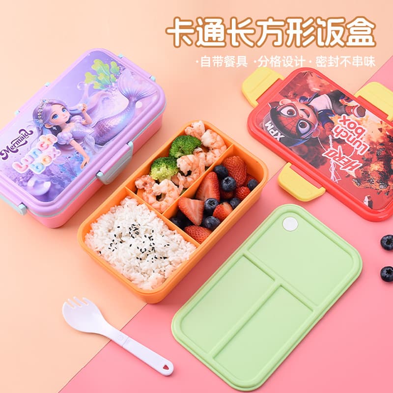 New Anime Print Kids Bento Box 3-Compartment Anti-Odor Plastic Lunch Box Student Portable Sealed Fresh-Keeping Food Container
