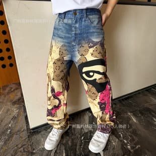 Cross-border trade first choice 25 new style donkey brand full print face straight-leg jeans, washed and distressed, for men and women donkey brand jeans