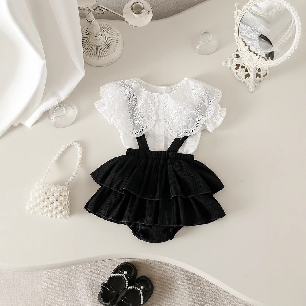 2026 Summer Baby Girl Sweet Style White Lace Short Sleeve Top + Black Ruffle Diaper Cover Strap Dress Set