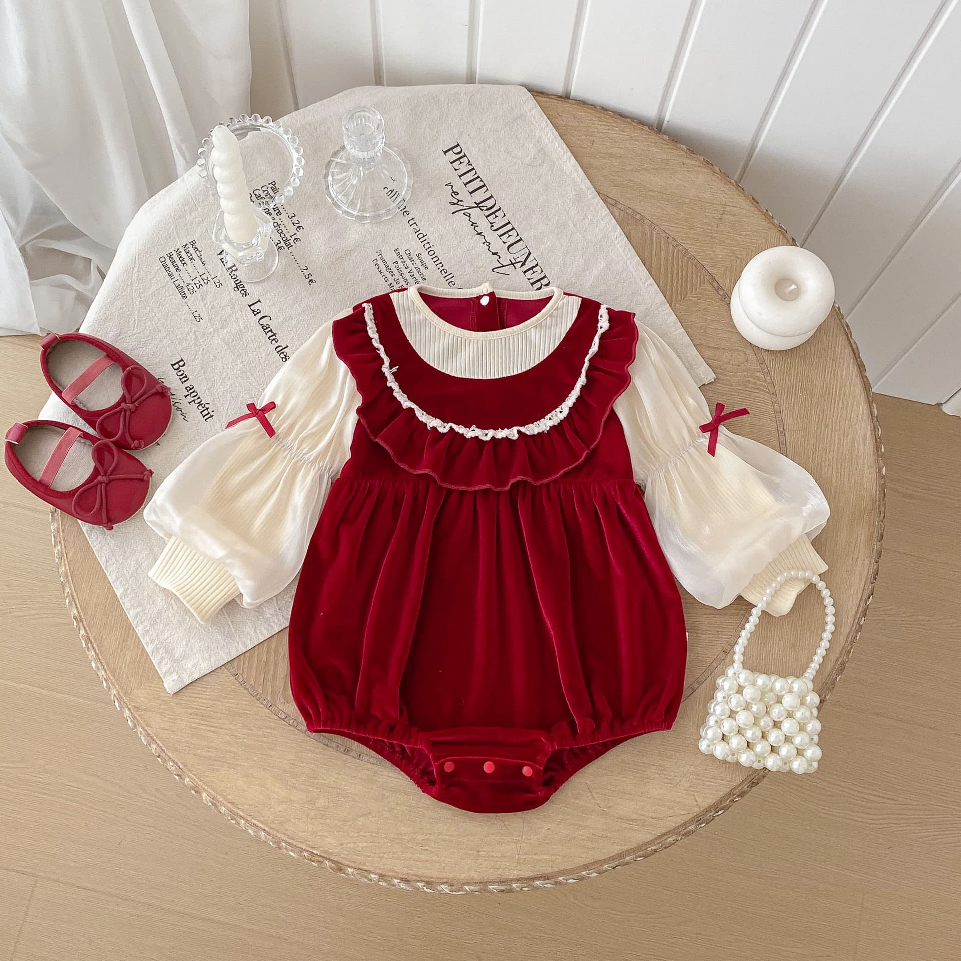 Baby Romper Spring Autumn Girl Baby Clothes Little Princess Full Moon Red Velvet Party Dress Bodysuit Class A