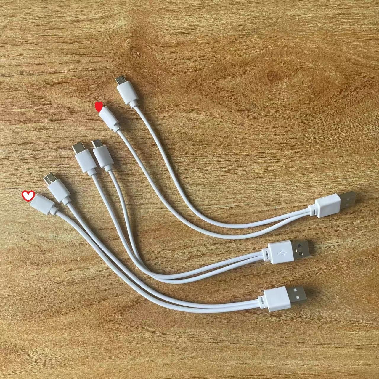 Dual USB short data cable with Android Type-C and Apple compatibility for power banks and fast charging