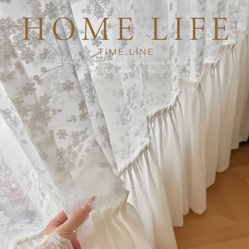 Pear Blossom Court Princess Style Sheer Curtain with Tulle Hem, Light French Embroidered Sheer Curtain, Light-Transmitting Decorative Curtain for Living Room and Bedroom