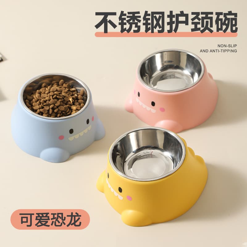 New Pet Bowl, Dinosaur Cat Bowl, Safe and Healthy Stainless Steel Dog Bowl, Neck-Friendly Slanted Drinking and Feeding Bowl