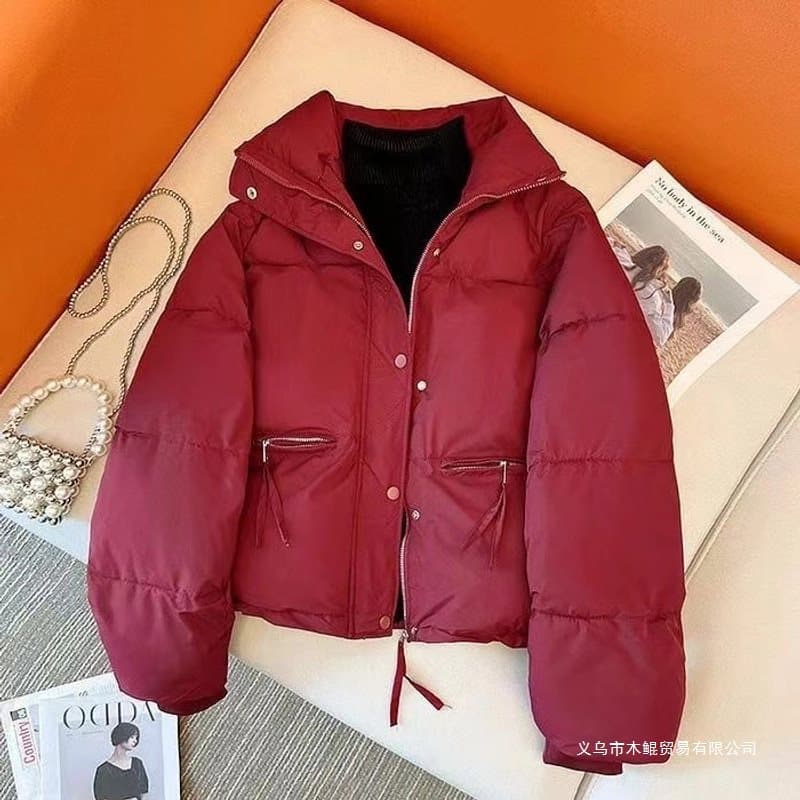 Short cotton-padded coat for women winter 2024 puffer jacket loose stand collar cotton coat white black red