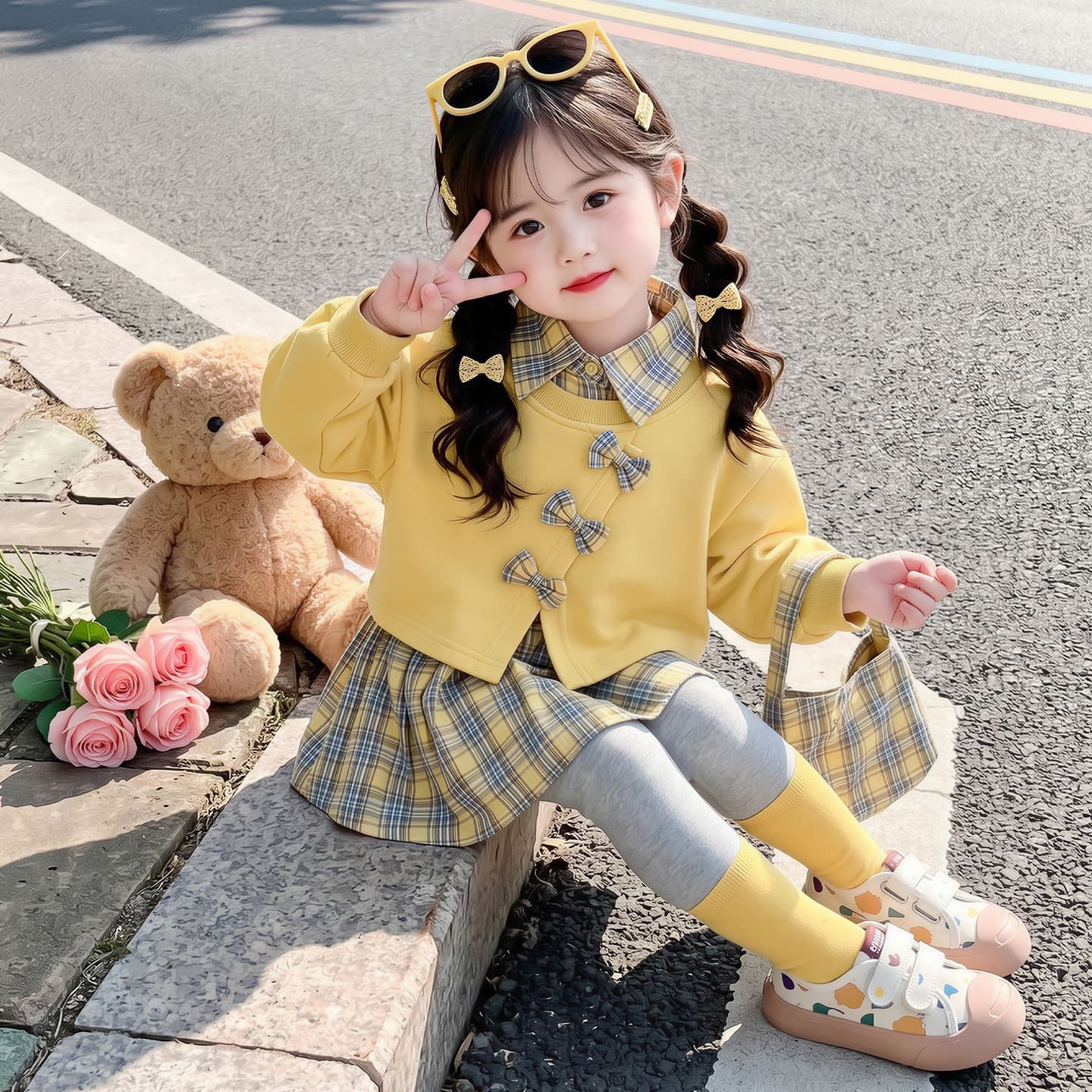 Girls Bow Contrast Plaid Set 2026 Fall New Korean Version 2-Piece with Leggings Kids Clothing Wholesale
