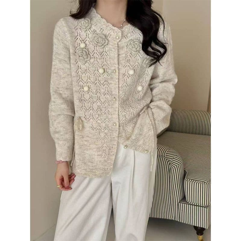 2025 Fashion Cardigan Autumn Round Neck French Three-dimensional Flower Lace New New Sweet Slim Sweater