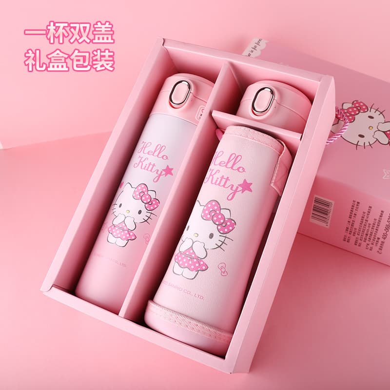 Hello Kitty children's double-lid insulated water bottle, 316 stainless steel, straight cup with straw, cute gift box for school.