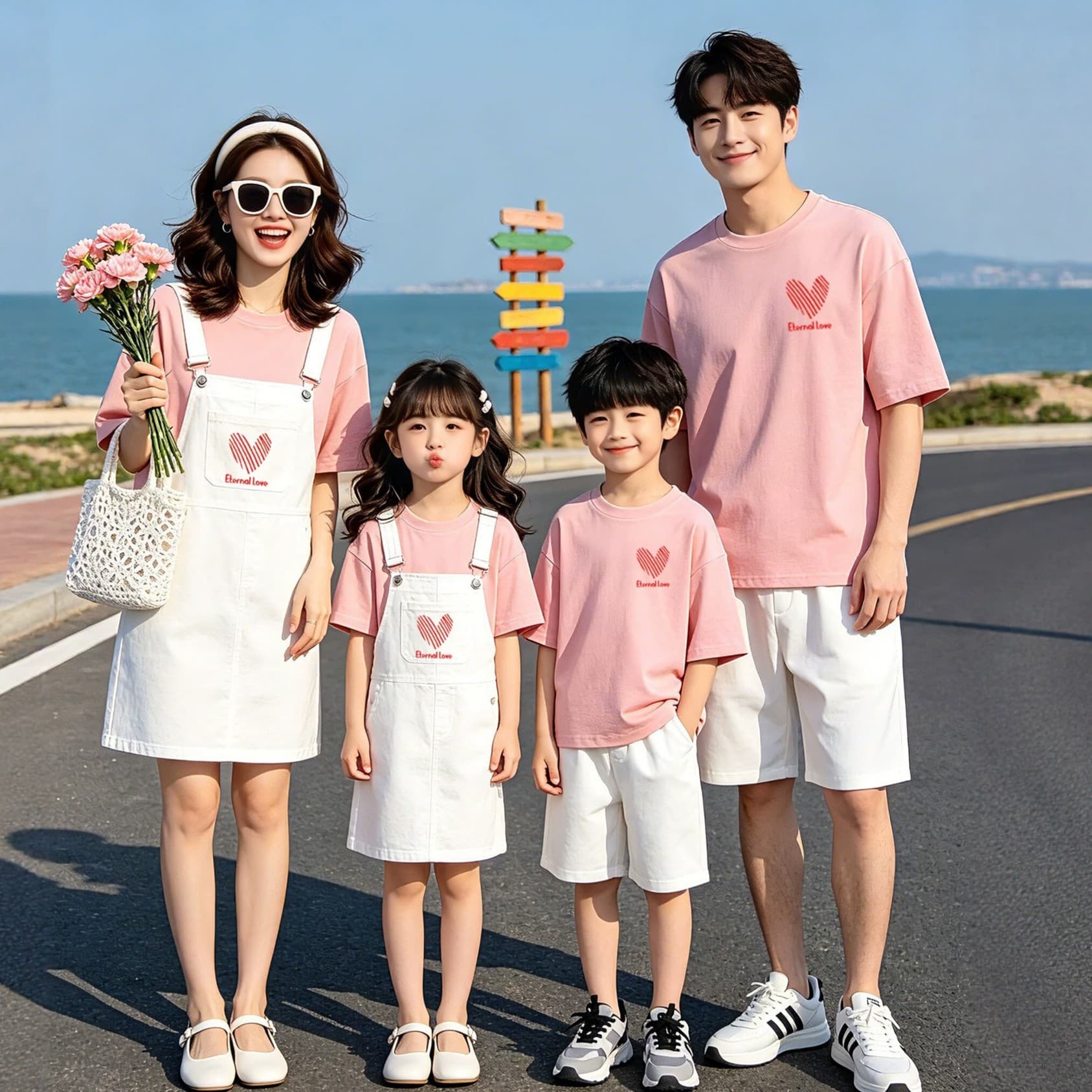 Parent-child wear 2026 new mother-daughter wear denim suspender skirt suit shorts pure cotton short-sleeved travel vacation family wear