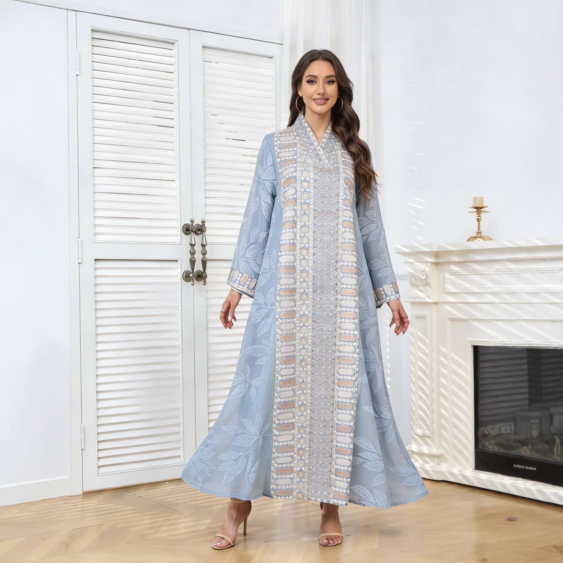 MT515 Abaya Garment Factory Evening Dress Embroidered Sequins V-Neck Fashion Kaftan Robe Women's Dress