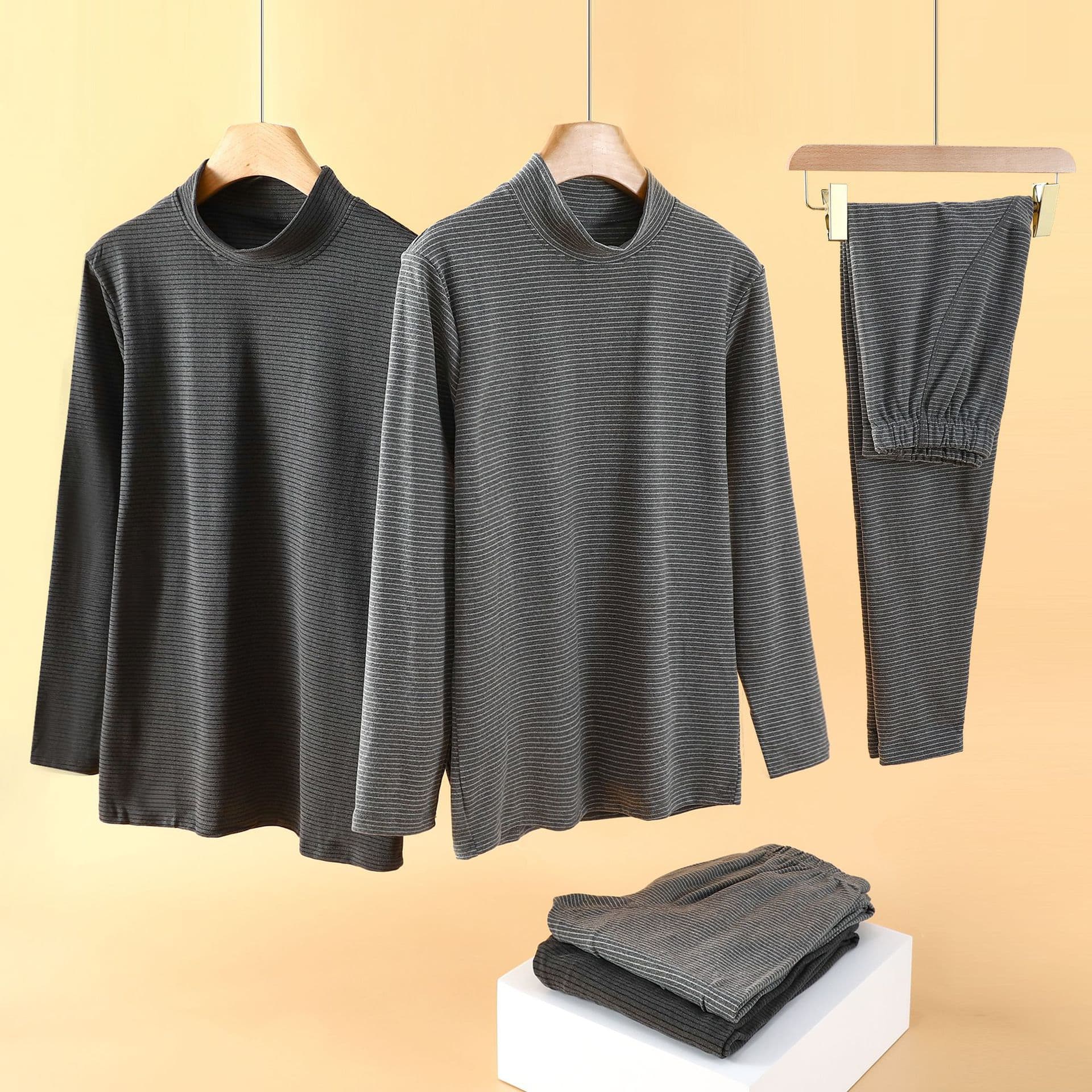 Men's Striped Half Turtleneck Long Sleeve Thermal Underwear Set Autumn Winter Thick Brushed Base Layer Long Johns Two-Piece Set