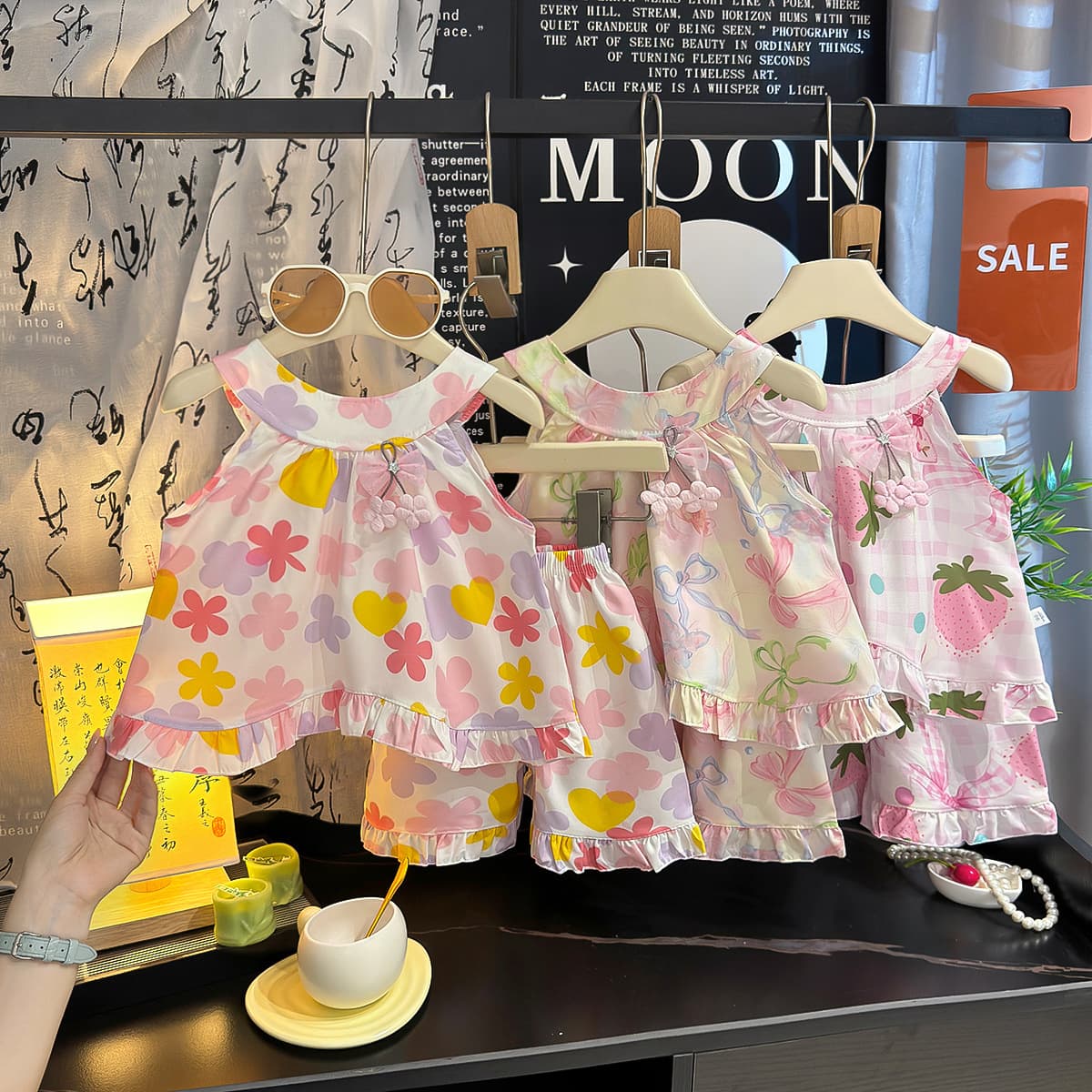 New Girls' Super Cute Summer Trendy Two-Piece Set, Lace Trim Stylish Tank Top and Shorts, Cool Lightweight Outfit