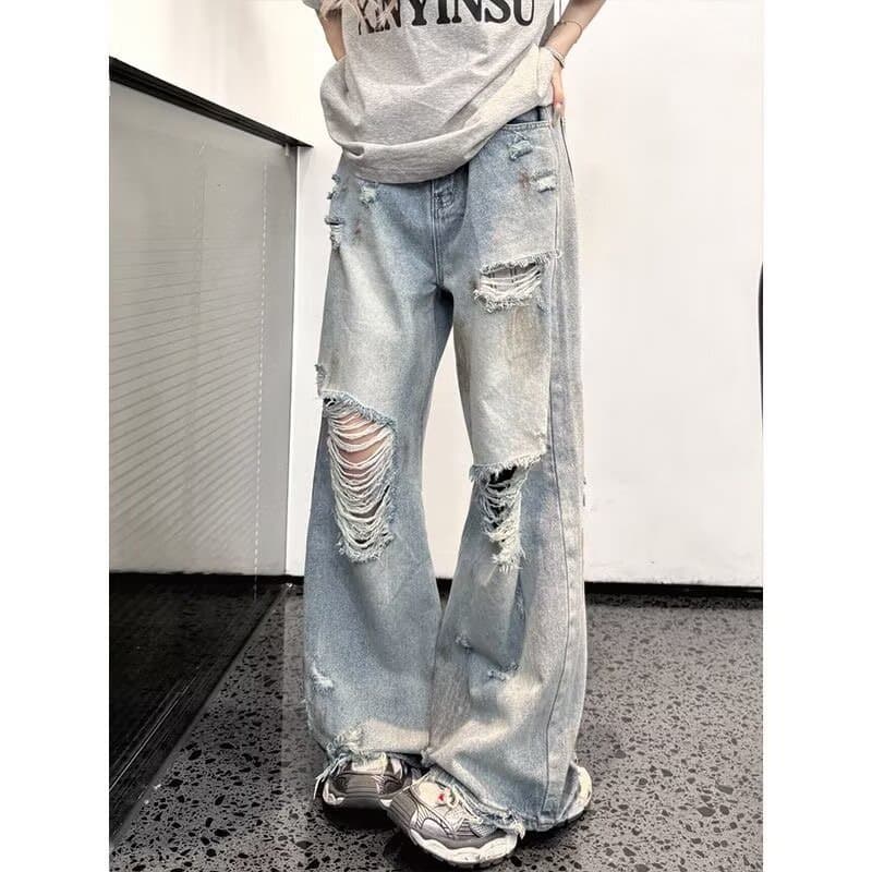 Ripped Frayed Hem Jeans for Men, Korean Style Loose Straight Leg Summer Thin Ins Hong Kong Street Casual Beggar Pants