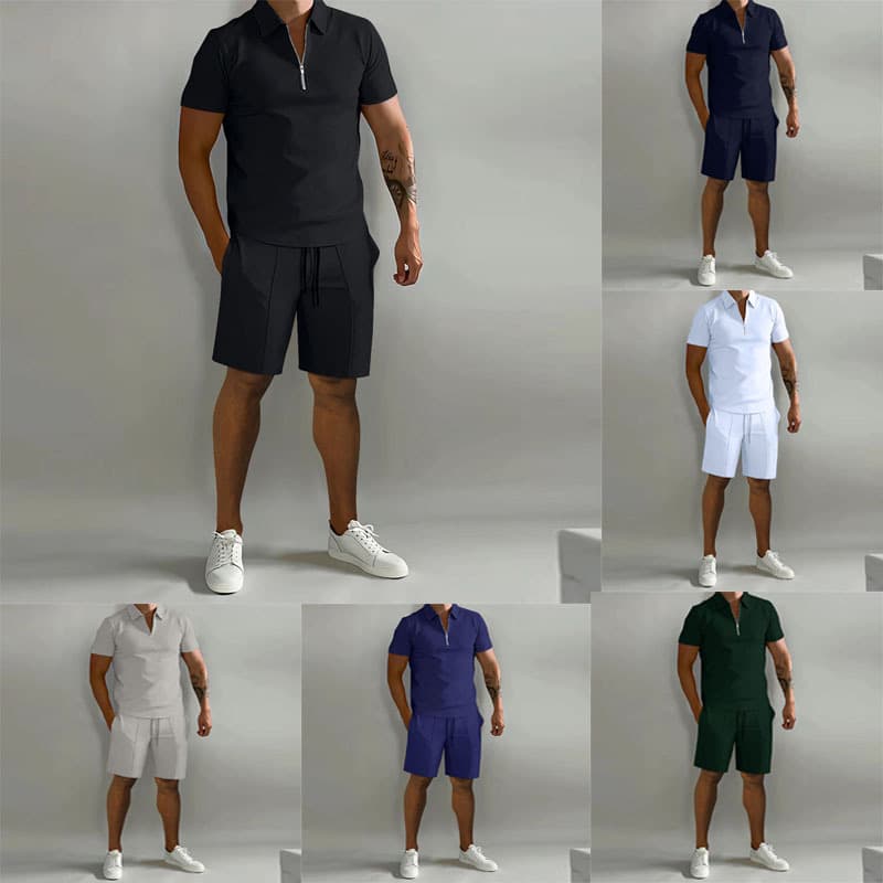 Cross-Border Amazon Men's Suit 2023 Summer New Men's Clothing Polo Casual Loose Short-Sleeved Shorts Sports Quick-Drying