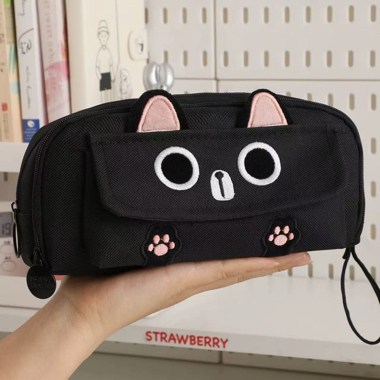 Black cute cat pencil case ins cartoon embroidered flip-top pencil case student cute large capacity pencil storage