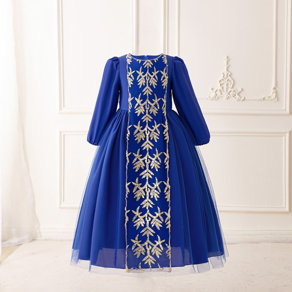 Kids Embroidered Long-Sleeve Princess Evening Gown Performance Costume