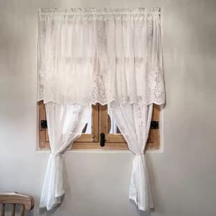 French Romantic Long Valance White Lace Cream Curtain Half Curtain, Rod Pocket Hook, No-Drill Door Curtain with Velcro