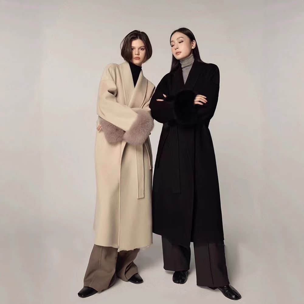 2025 Double-Faced Cashmere Coat for Women, Wool Coat with Detachable Fox Fur Belt