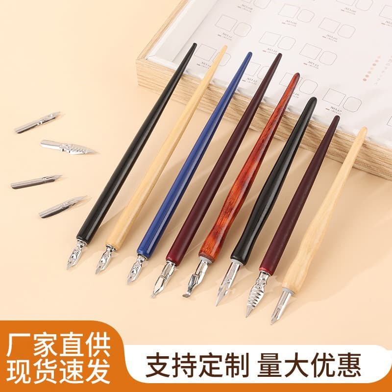 Solid Wood Dip Pen Art English Gothic Calligraphy Comic Pen Set with Replaceable Nibs Wooden Handle Handcrafted Pen