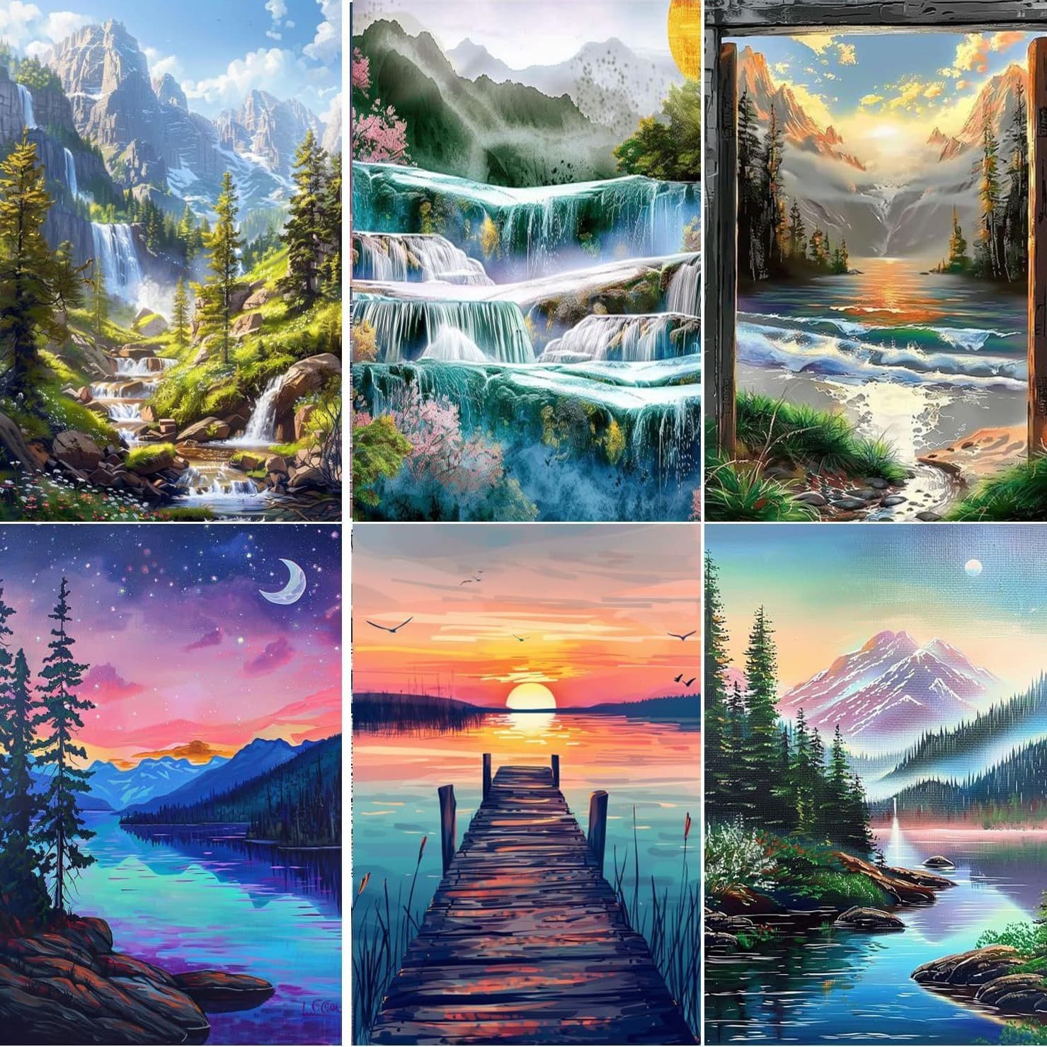 New 6-Piece Set 5D Landscape Lake Bridge DIY Diamond Painting Full Drill Rhinestone Diamond Art