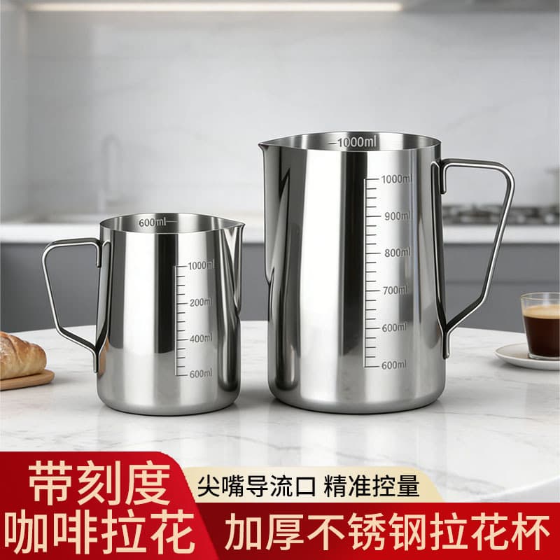304 Stainless Steel Coffee Cup Thickened Pointed Spout Oblique Mouth Latte Art Pitcher Milk Frothing Tool with Scale Pointed Spout Latte Art Cup