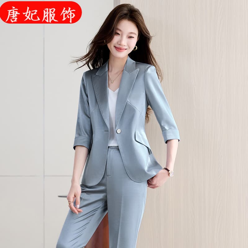 Three-Quarter Sleeve Blue Blazer with Notch Lapel and Flared Pants Two-Piece Set for Women, Spring, Summer, and Autumn Professional Outfit Trendy Women's Suit