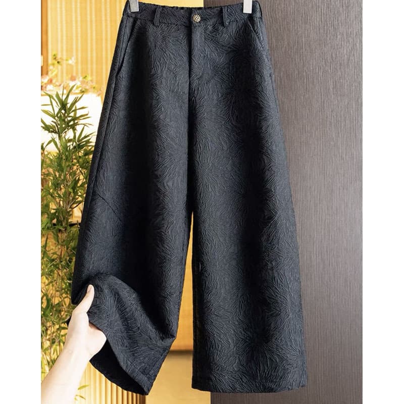 New Chinese style jacquard wide-leg pants for women, autumn/winter 2025, loose straight leg black casual trousers.