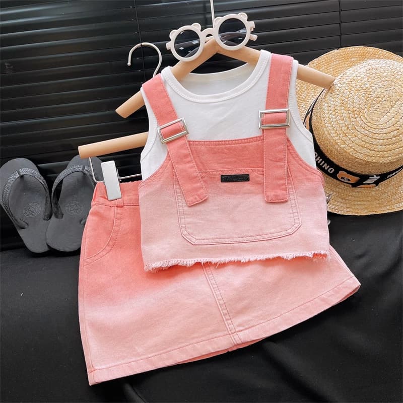 Girls Dopamine Cotton Set 2025 Summer New Vest + Tank Top + Denim Suspender Skirt Three-Piece Set Trendy